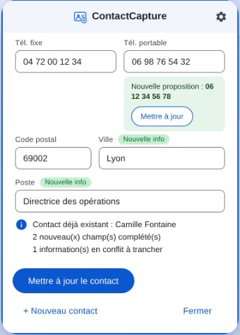 Un contact existant : ContactCapture signale les nouvelles informations et propose de mettre à jour un numéro
