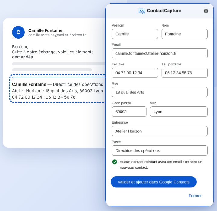La signature d'un email et la fiche contact pré-remplie par ContactCapture